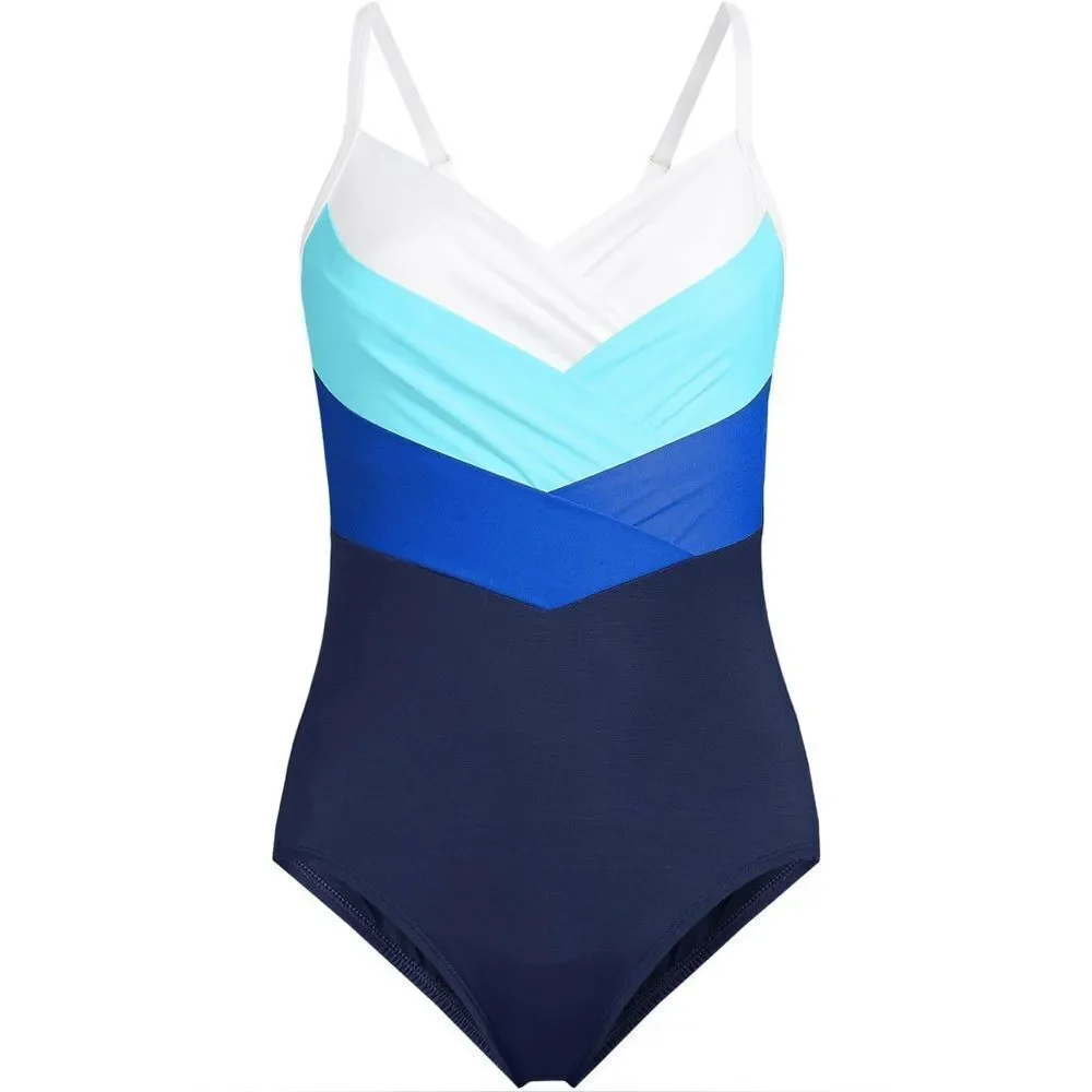 Land's End pleated one piece slendersuit navy sapphire river mist white Various